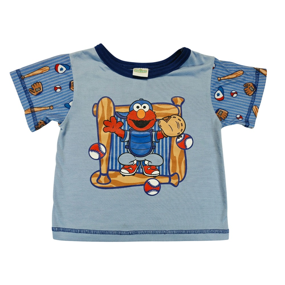 Vintage 2002 Sesame Street Elmo Baseball T-Shirt Light Blue Kids 4T